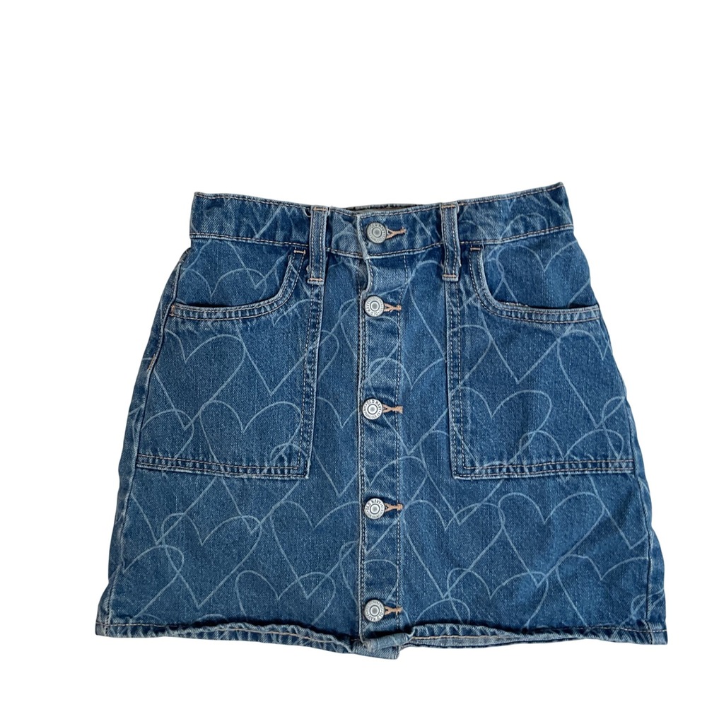 Old Navy Skirt Girls L 10 Blue Denim Heart Print Button Front Elastic Waistband